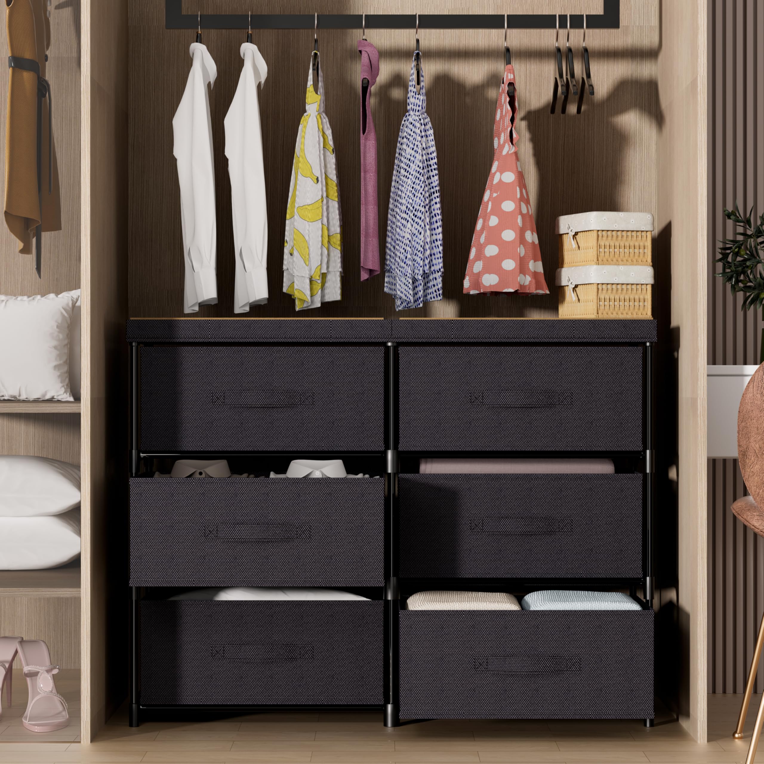 6-Drawer Fabric Cube Storage Dresser, Metal Plastic Support for Bedroom Dorm