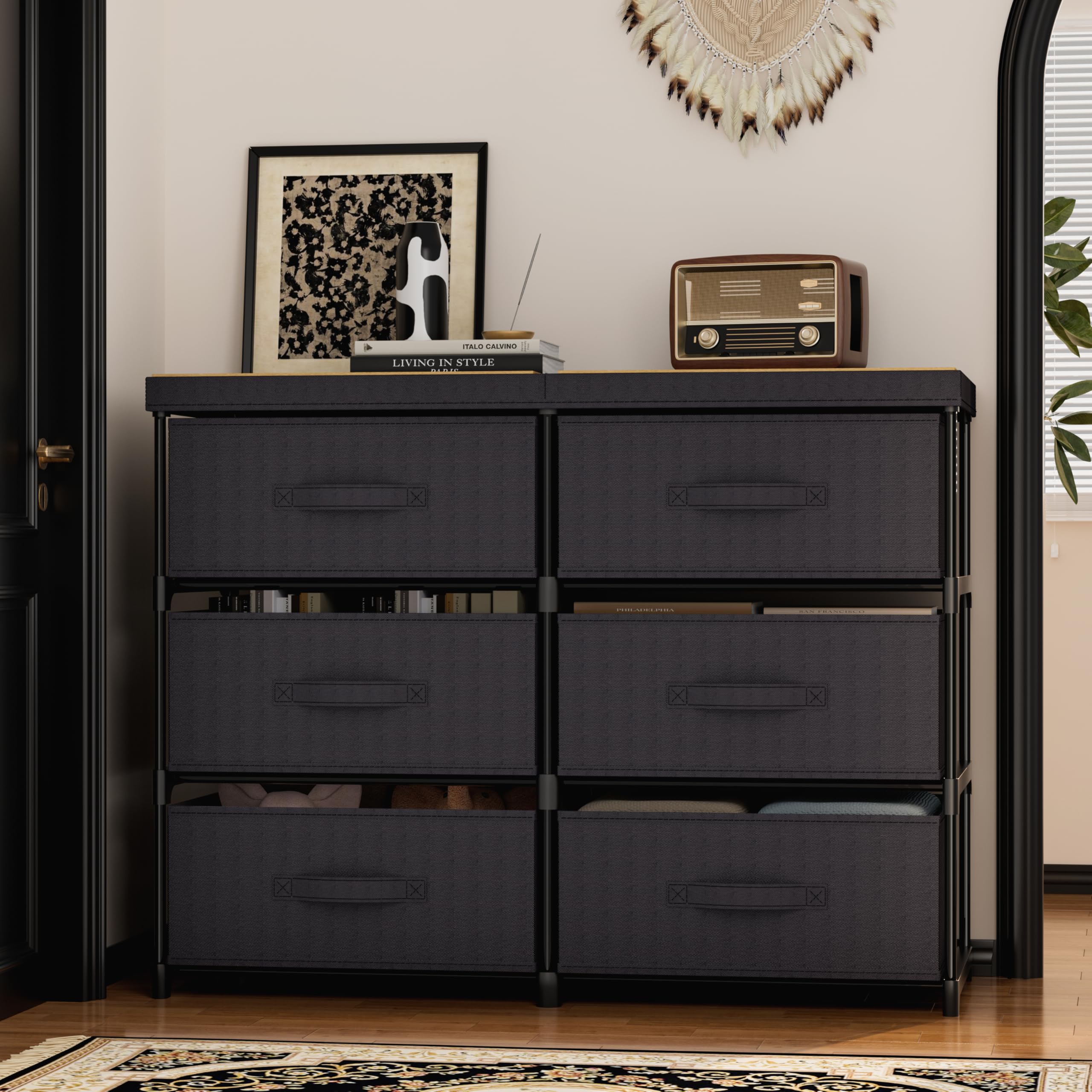 6-Drawer Fabric Cube Storage Dresser, Metal Plastic Support for Bedroom Dorm