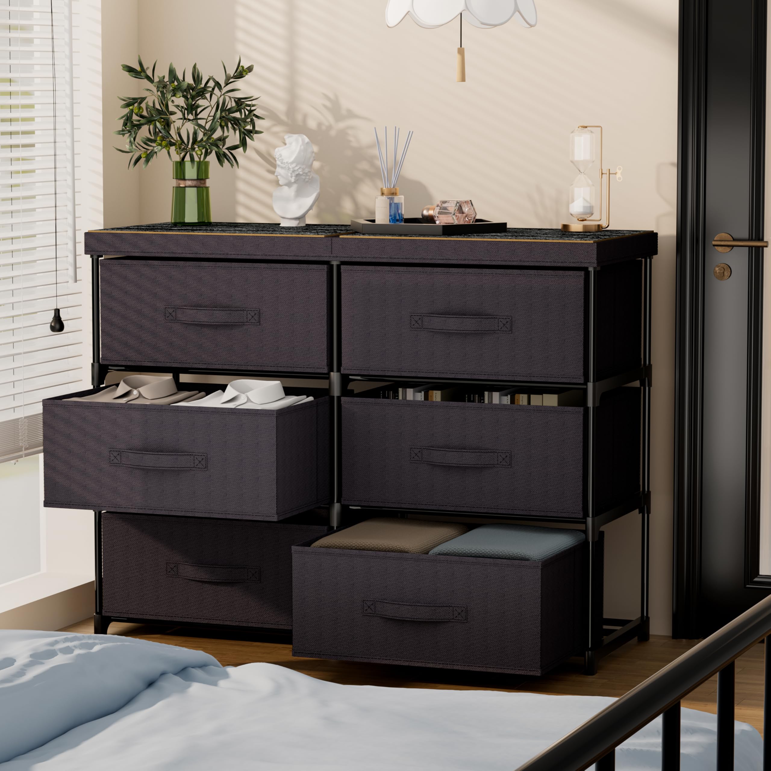 6-Drawer Fabric Cube Storage Dresser, Metal Plastic Support for Bedroom Dorm
