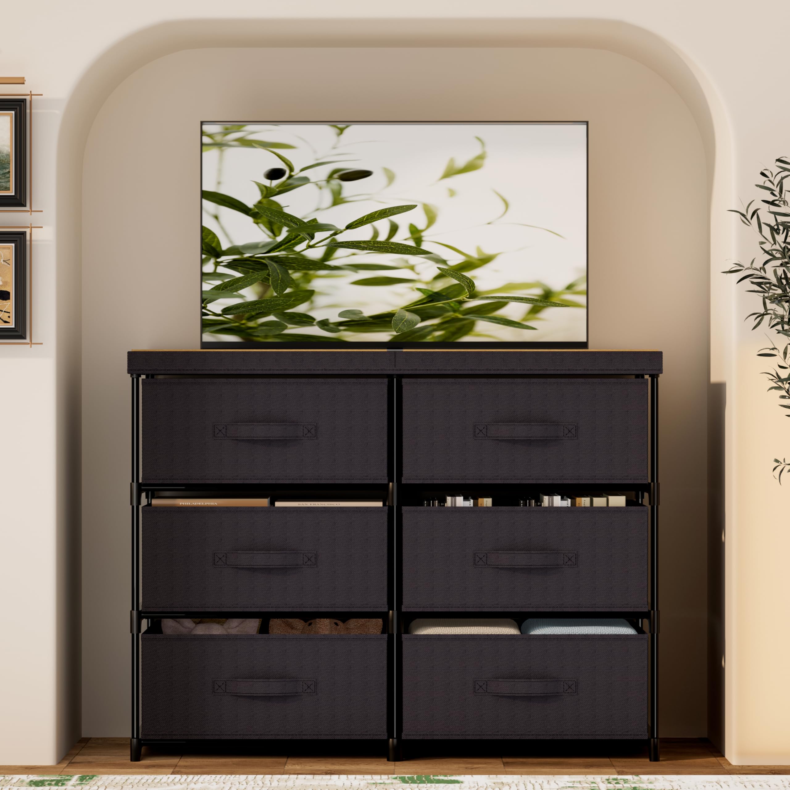 6-Drawer Fabric Cube Storage Dresser, Metal Plastic Support for Bedroom Dorm