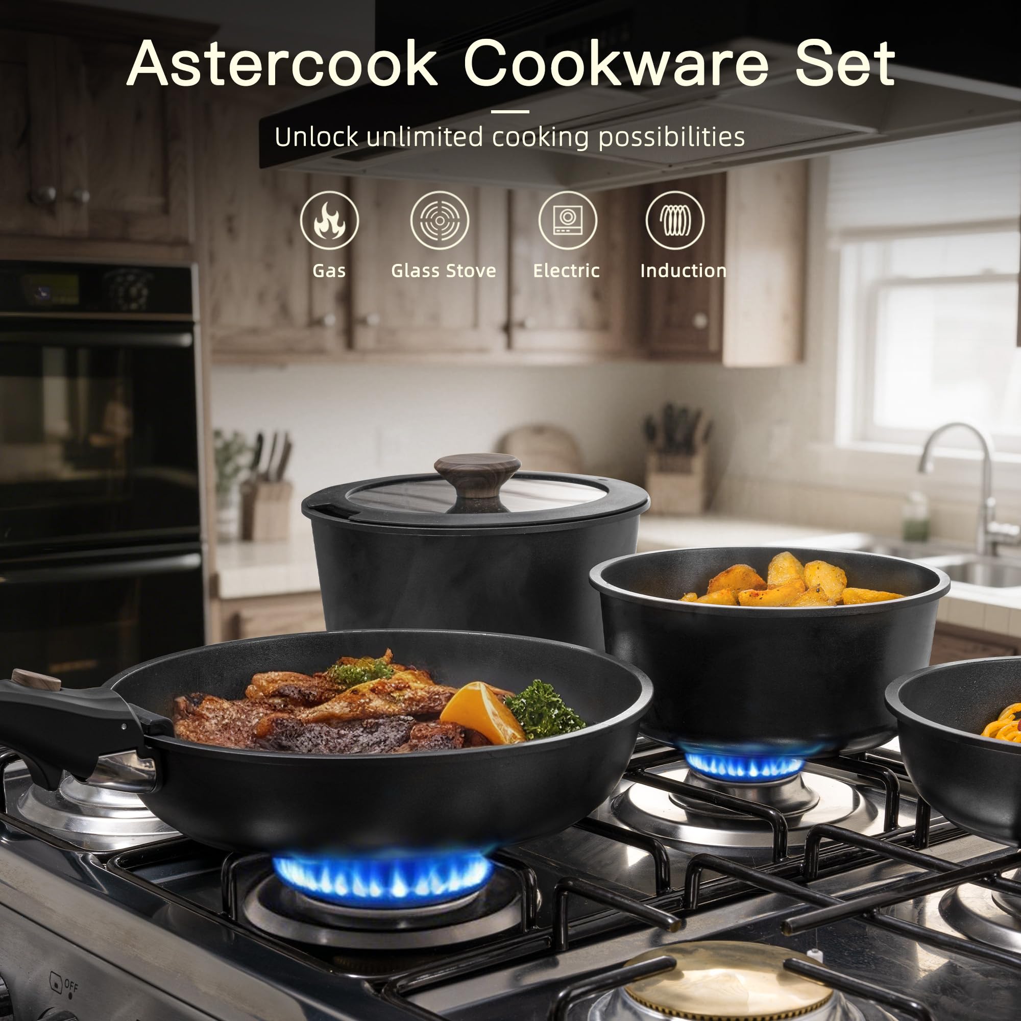 21Pcs Nonstick Ceramic Cookware Set, Detachable Handle, Induction & Oven Safe