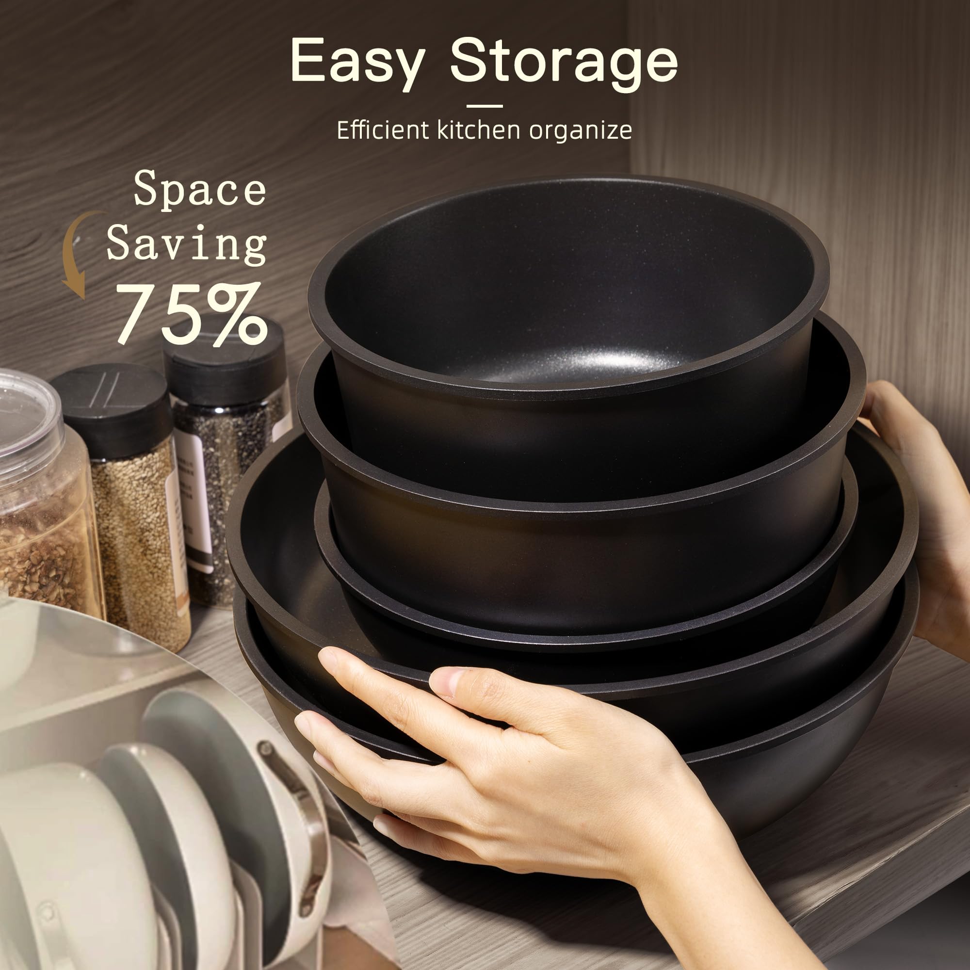 21Pcs Nonstick Ceramic Cookware Set, Detachable Handle, Induction & Oven Safe