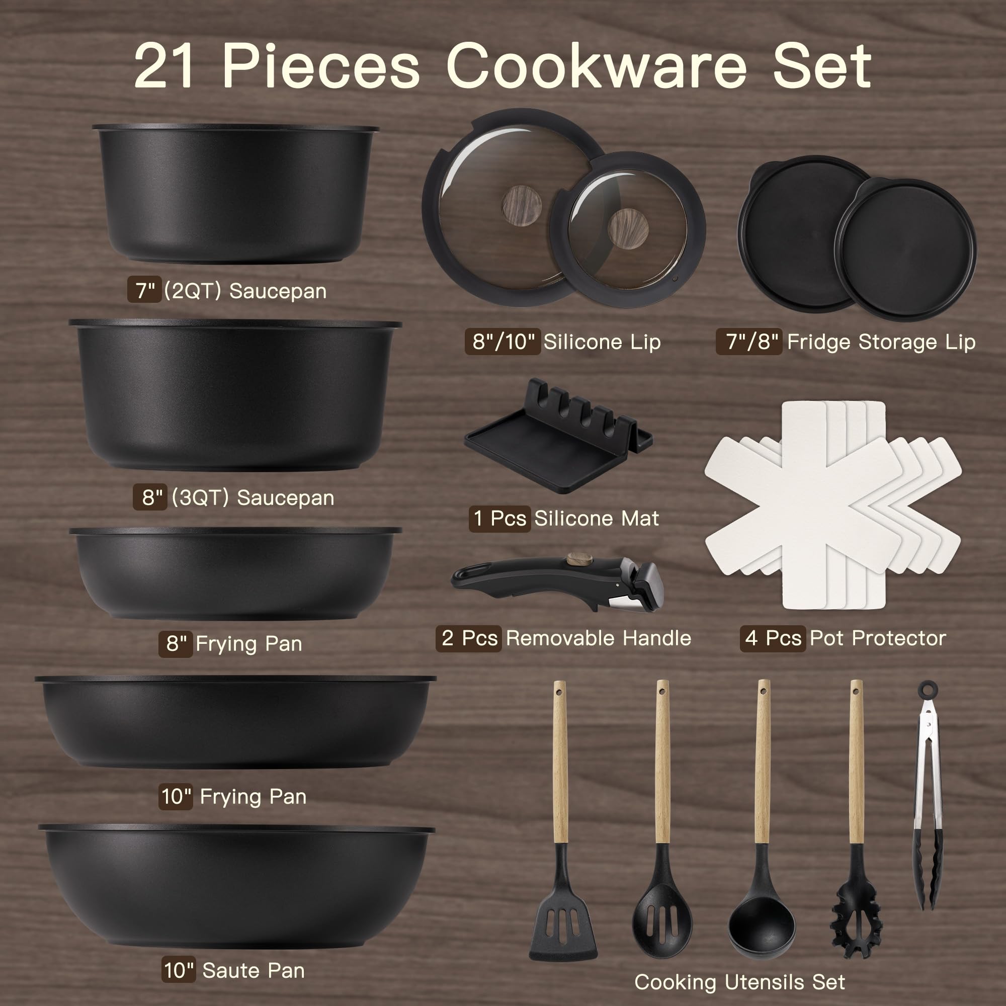 21Pcs Nonstick Ceramic Cookware Set, Detachable Handle, Induction & Oven Safe