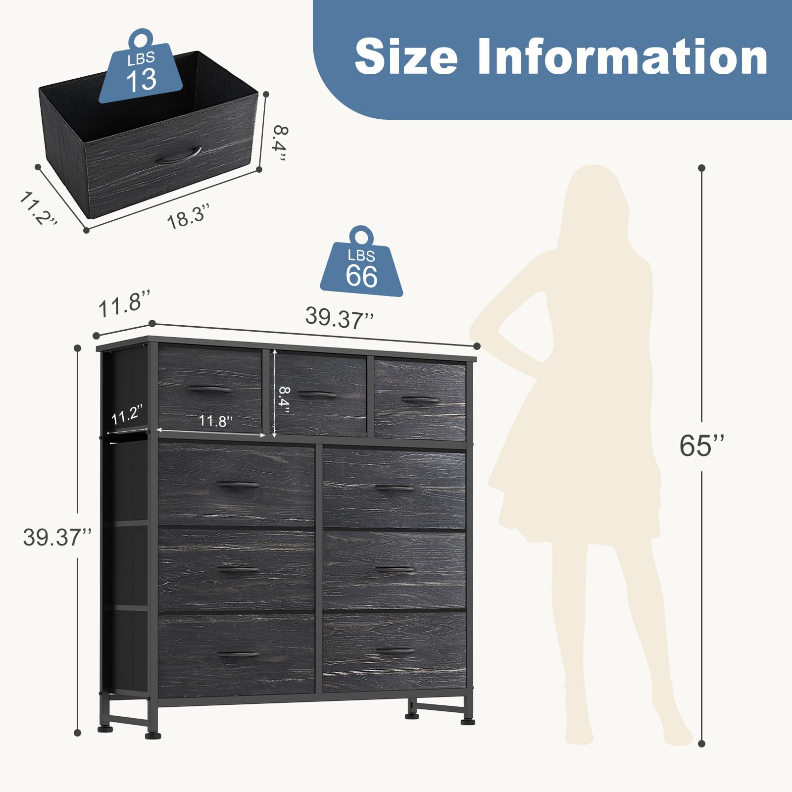 9-Drawer Fabric Dresser, Metal Frame & Wood Top, Storage Organizer for Bedroom