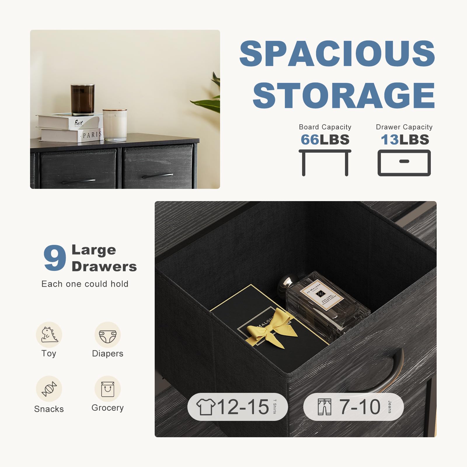 9-Drawer Fabric Dresser, Metal Frame & Wood Top, Storage Organizer for Bedroom