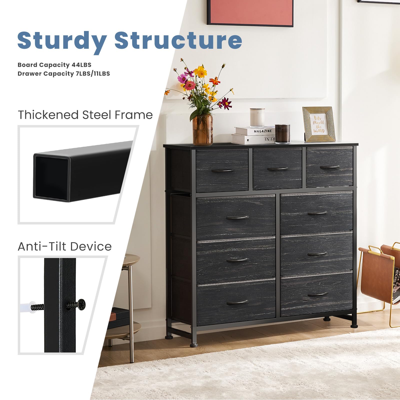 9-Drawer Fabric Dresser, Metal Frame & Wood Top, Storage Organizer for Bedroom