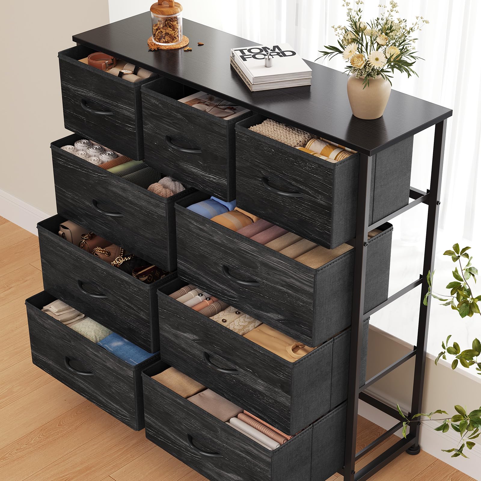 9-Drawer Fabric Dresser, Metal Frame & Wood Top, Storage Organizer for Bedroom