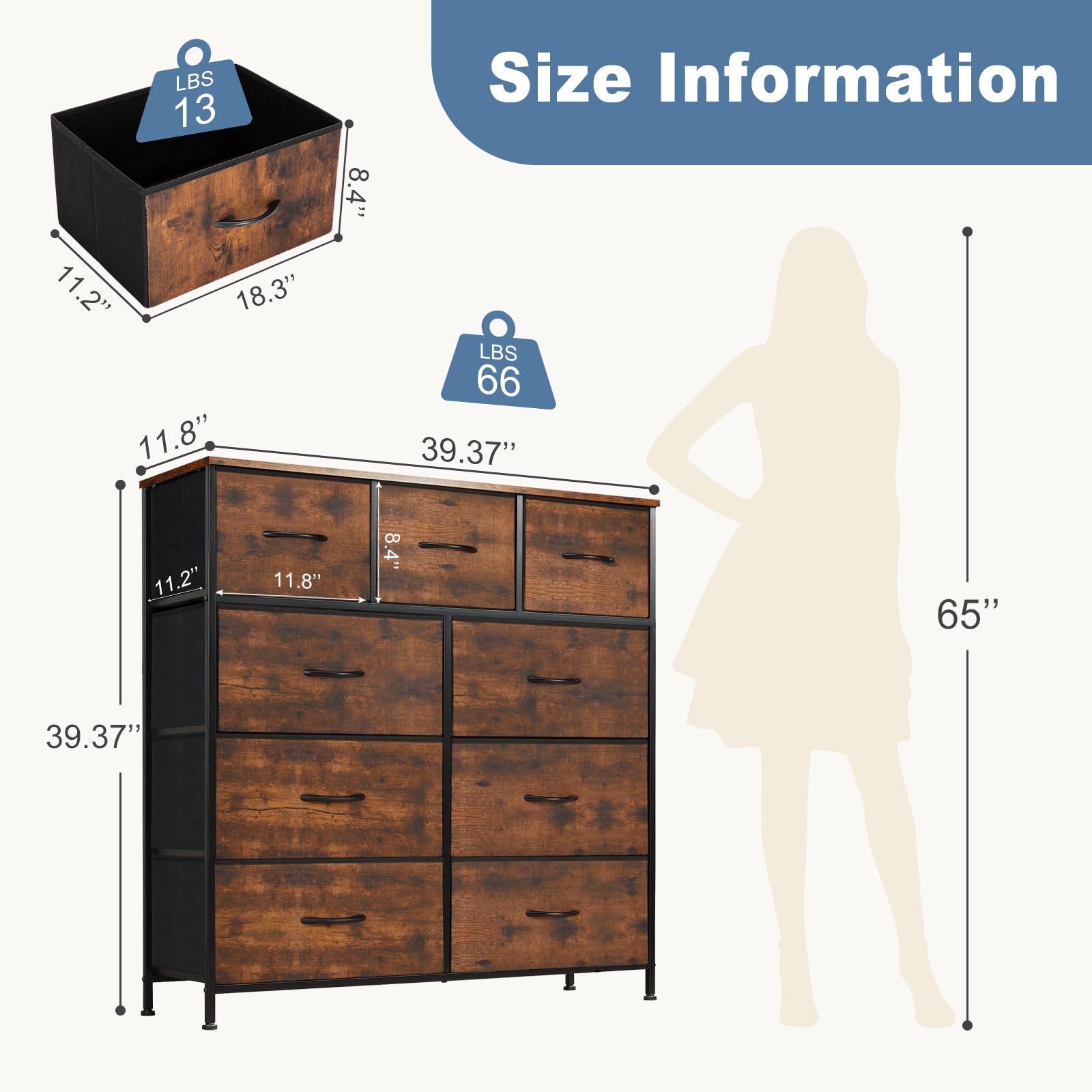 9-Drawer Fabric Dresser, Metal Frame & Wood Top, Storage Organizer for Bedroom