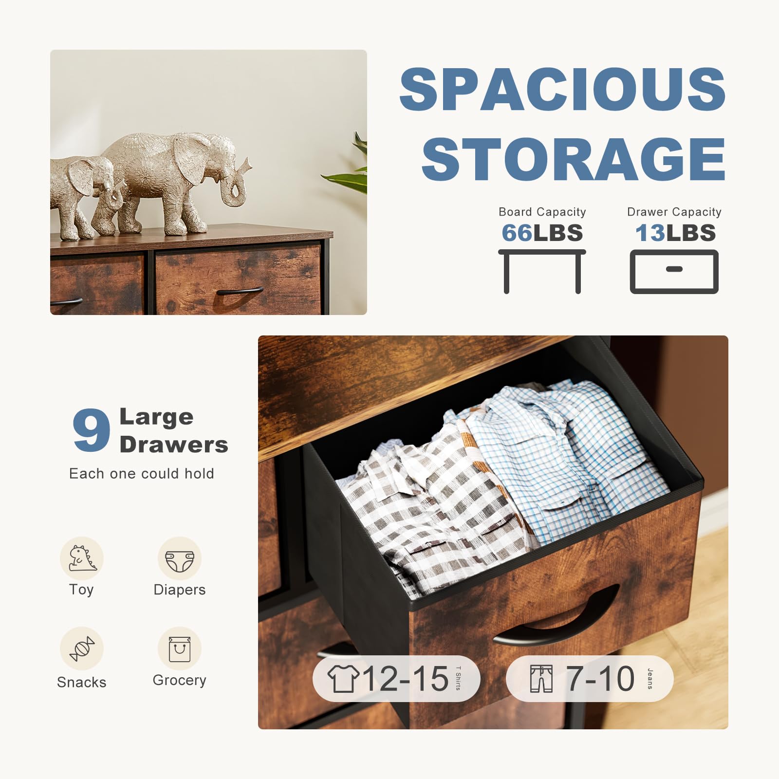 9-Drawer Fabric Dresser, Metal Frame & Wood Top, Storage Organizer for Bedroom