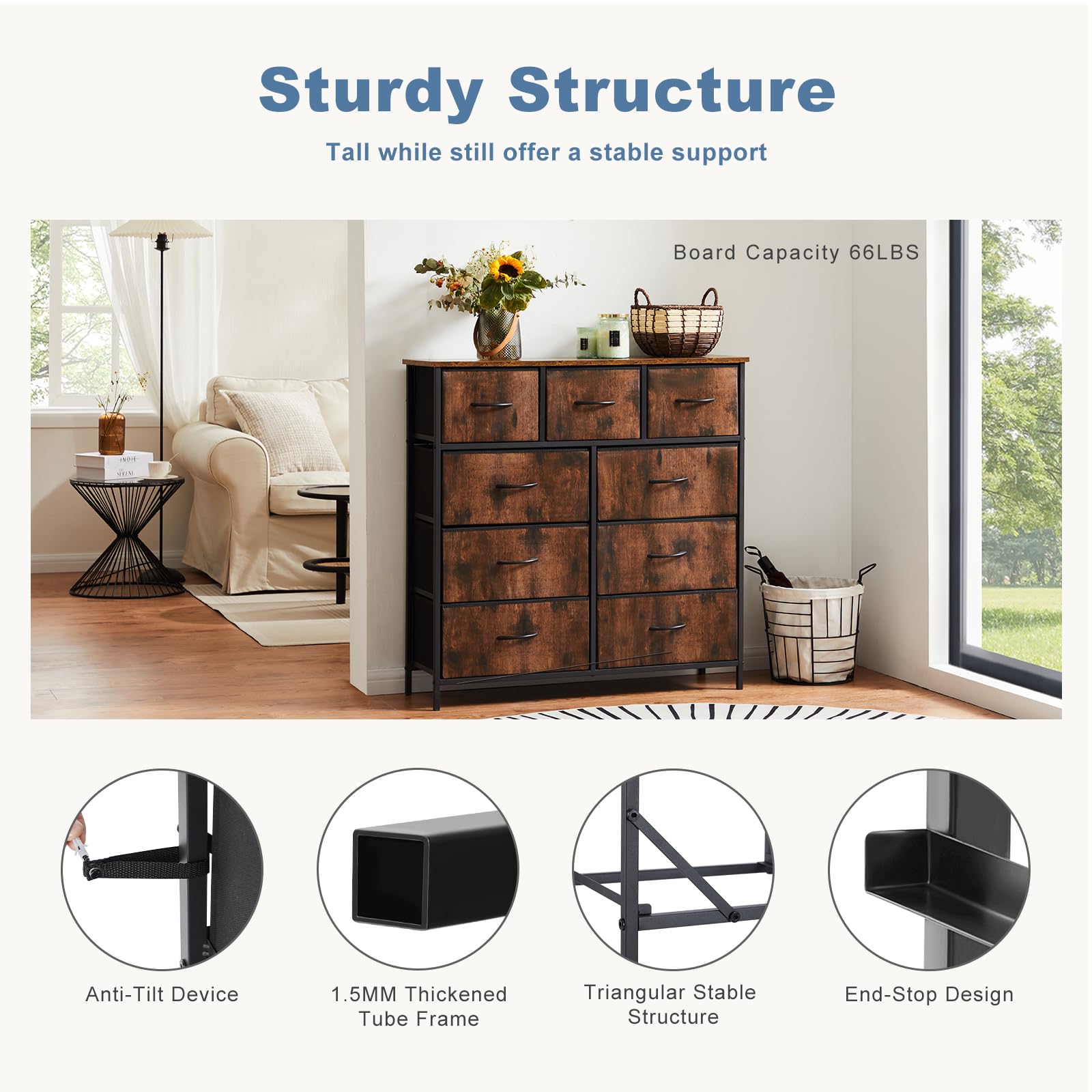9-Drawer Fabric Dresser, Metal Frame & Wood Top, Storage Organizer for Bedroom