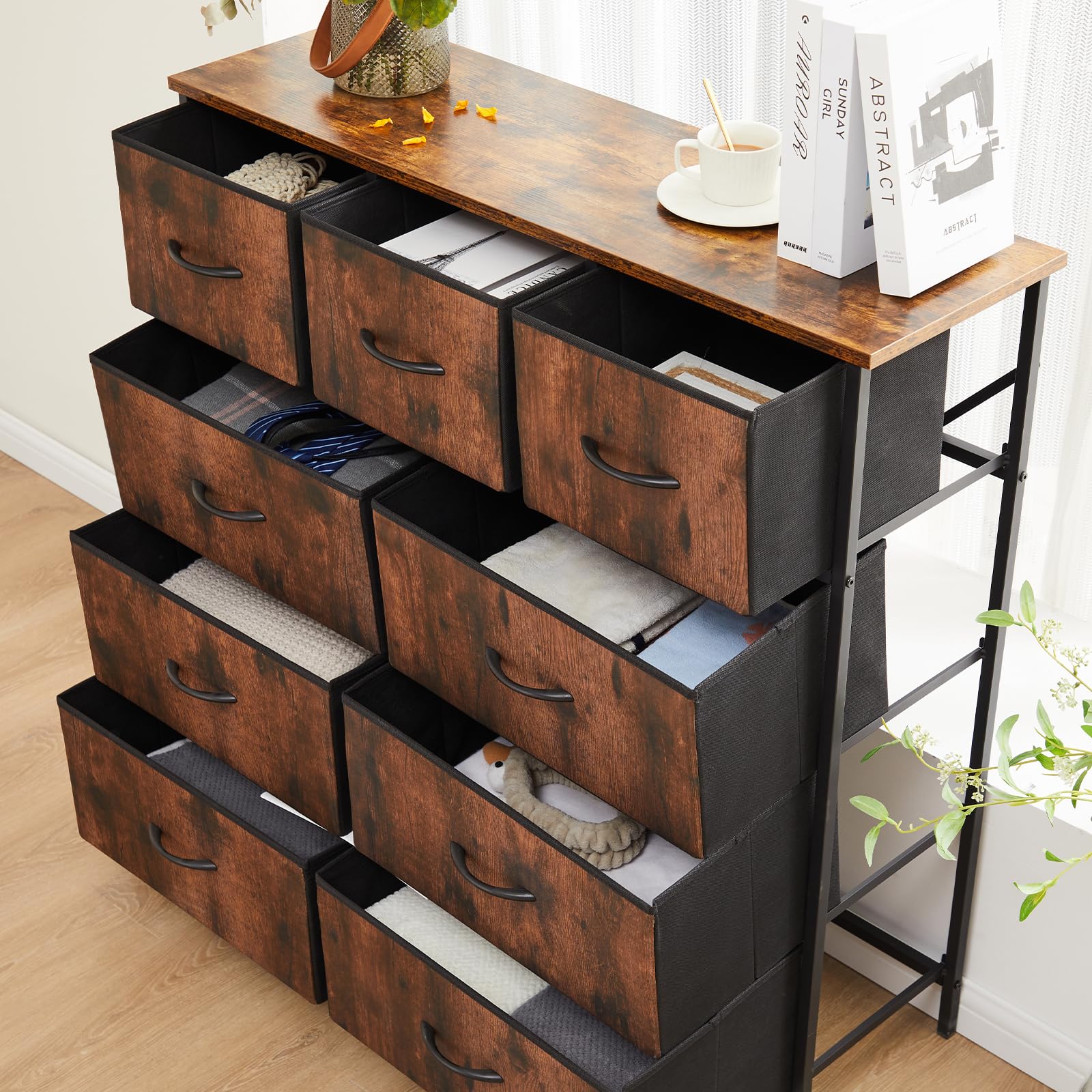 9-Drawer Fabric Dresser, Metal Frame & Wood Top, Storage Organizer for Bedroom