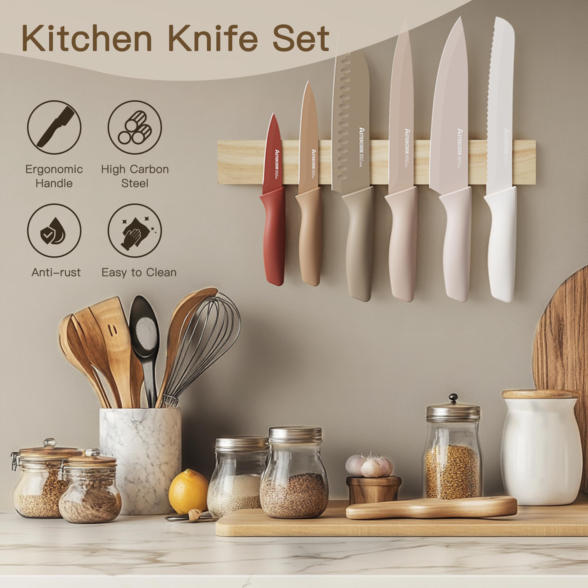 13-Piece Stainless Steel Knife Set, Anti-Rust Coating, Dishwasher Safe with 6 Blade Guards