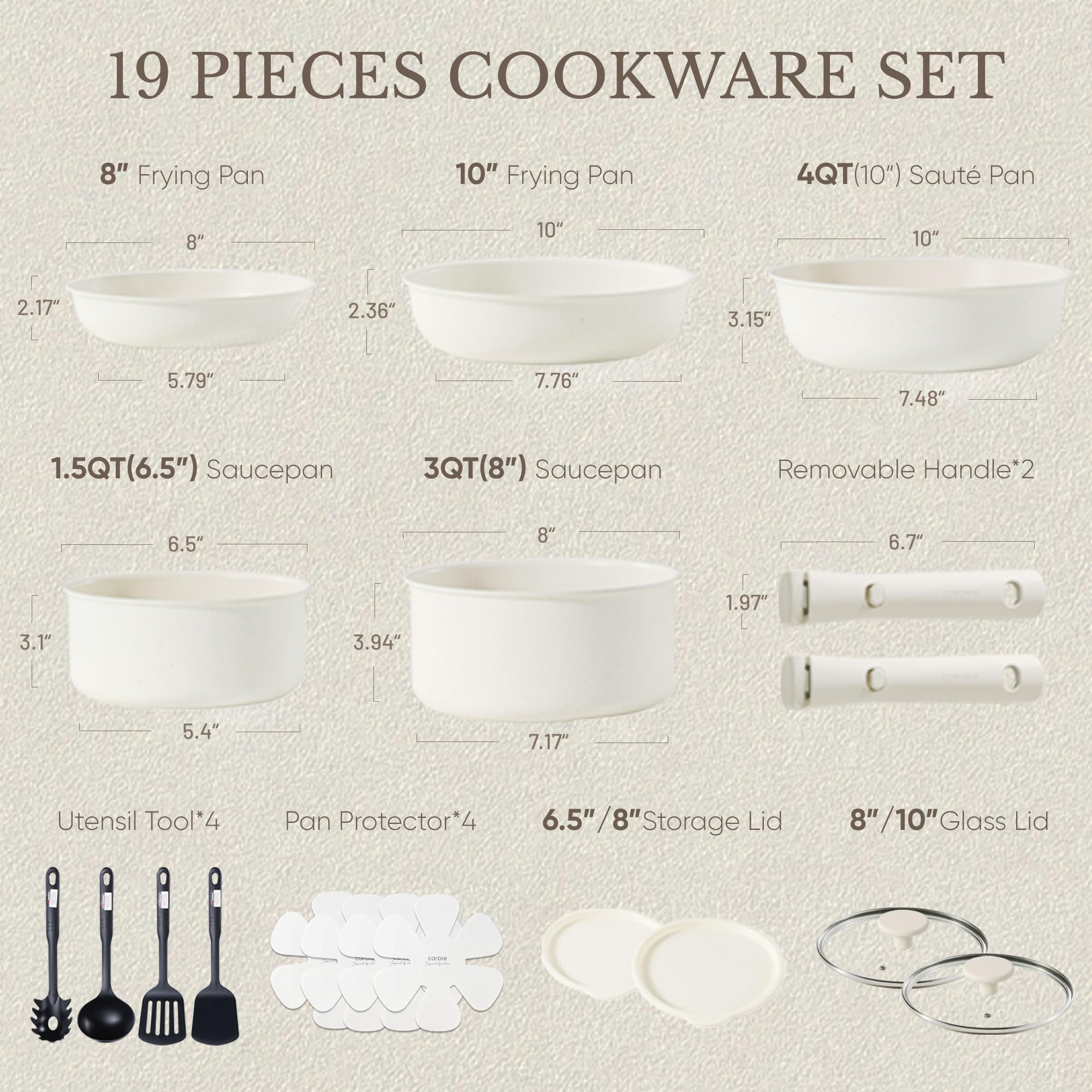 19pcs Nonstick Pots & Pans Set, Removable Handles, Induction Cookware Oven Safe for Kitchen RV