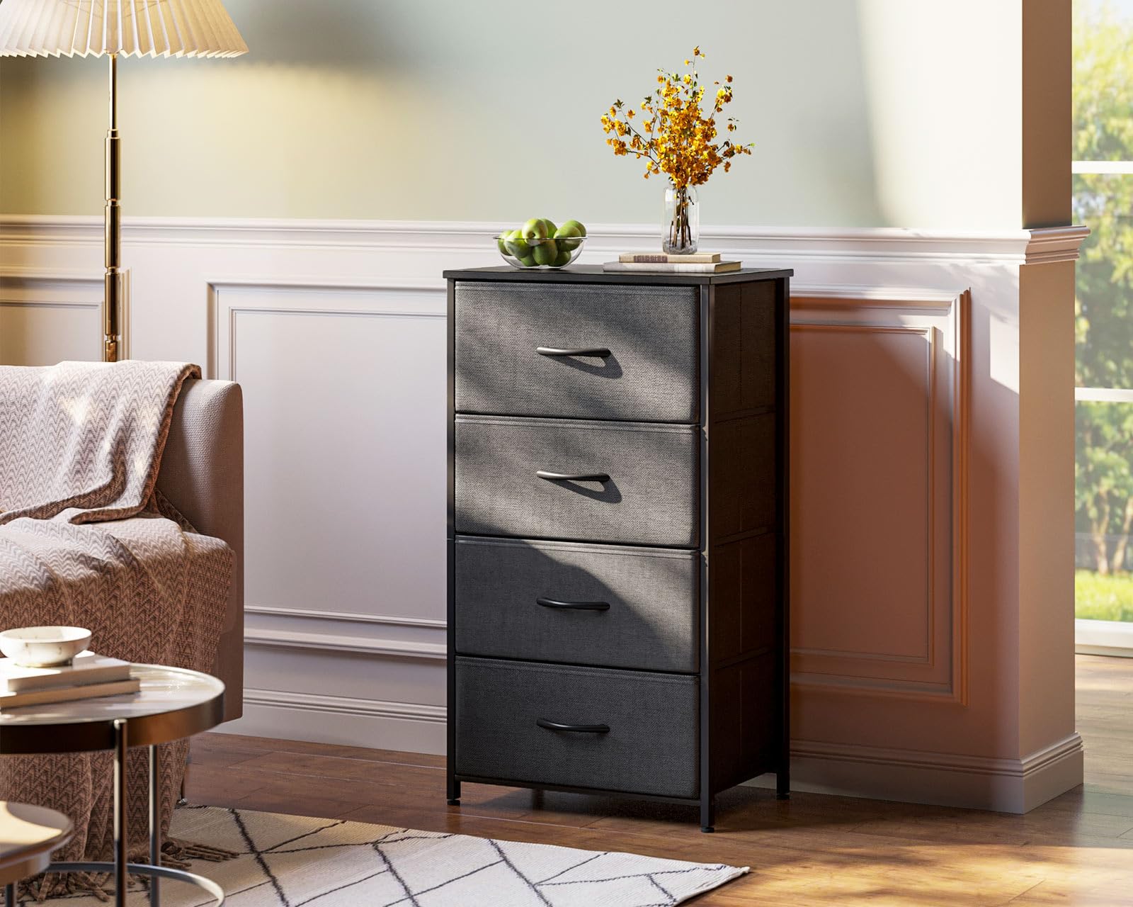 4-Drawer Steel Frame Fabric Chest, Black Small Dresser for Bedroom