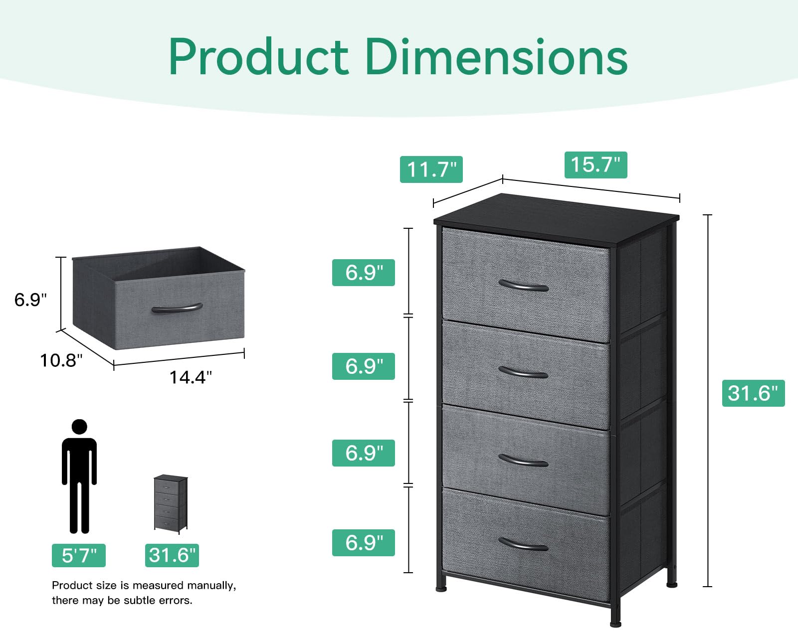 4-Drawer Steel Frame Fabric Chest, Black Small Dresser for Bedroom