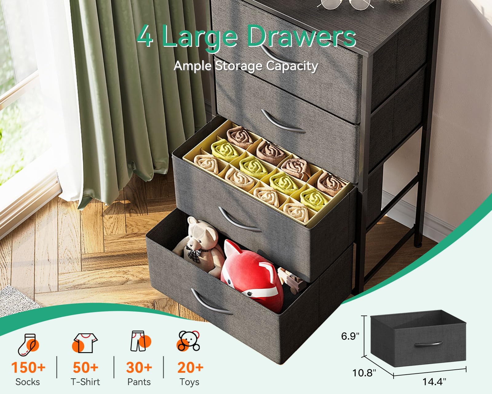 4-Drawer Steel Frame Fabric Chest, Black Small Dresser for Bedroom