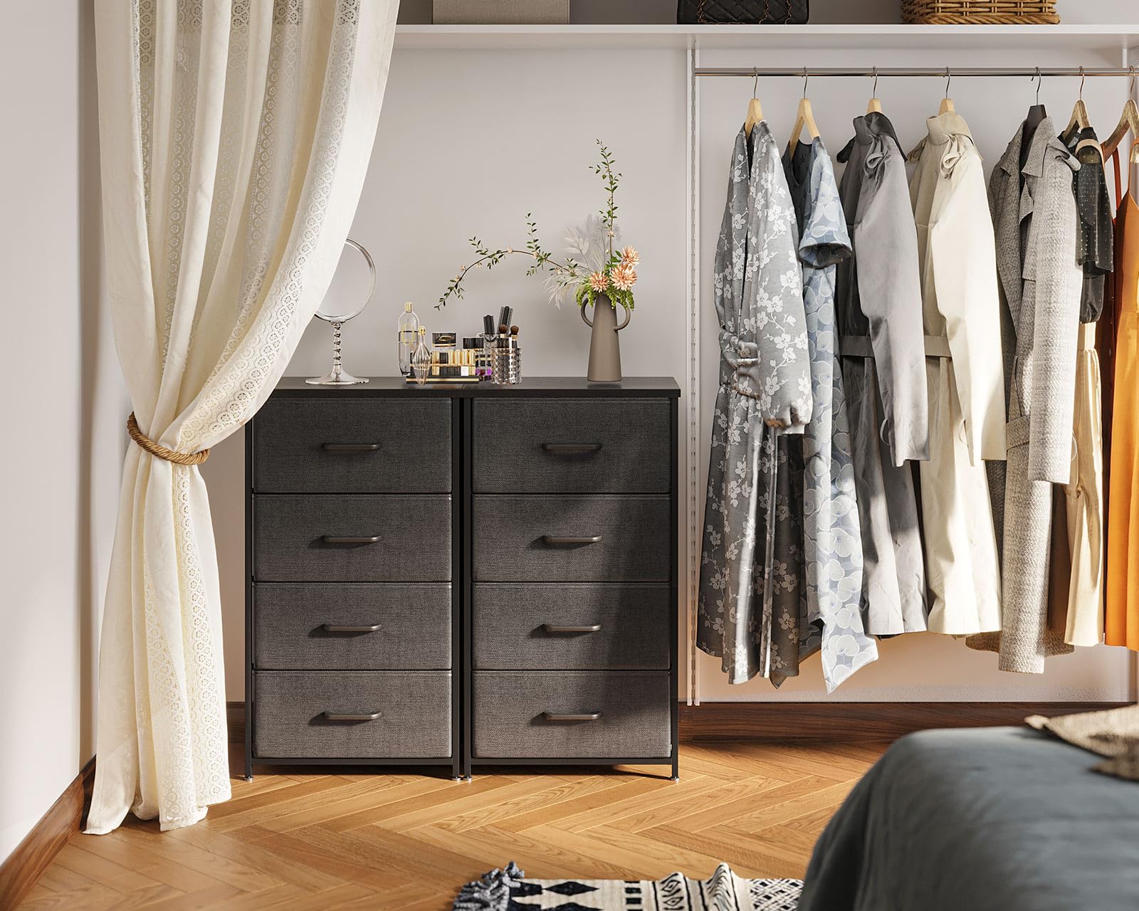4-Drawer Steel Frame Fabric Chest, Black Small Dresser for Bedroom