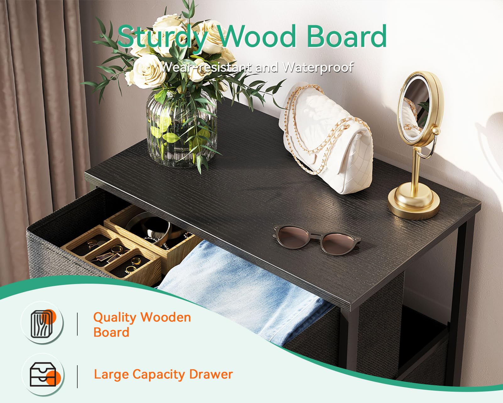 4-Drawer Steel Frame Fabric Chest, Black Small Dresser for Bedroom
