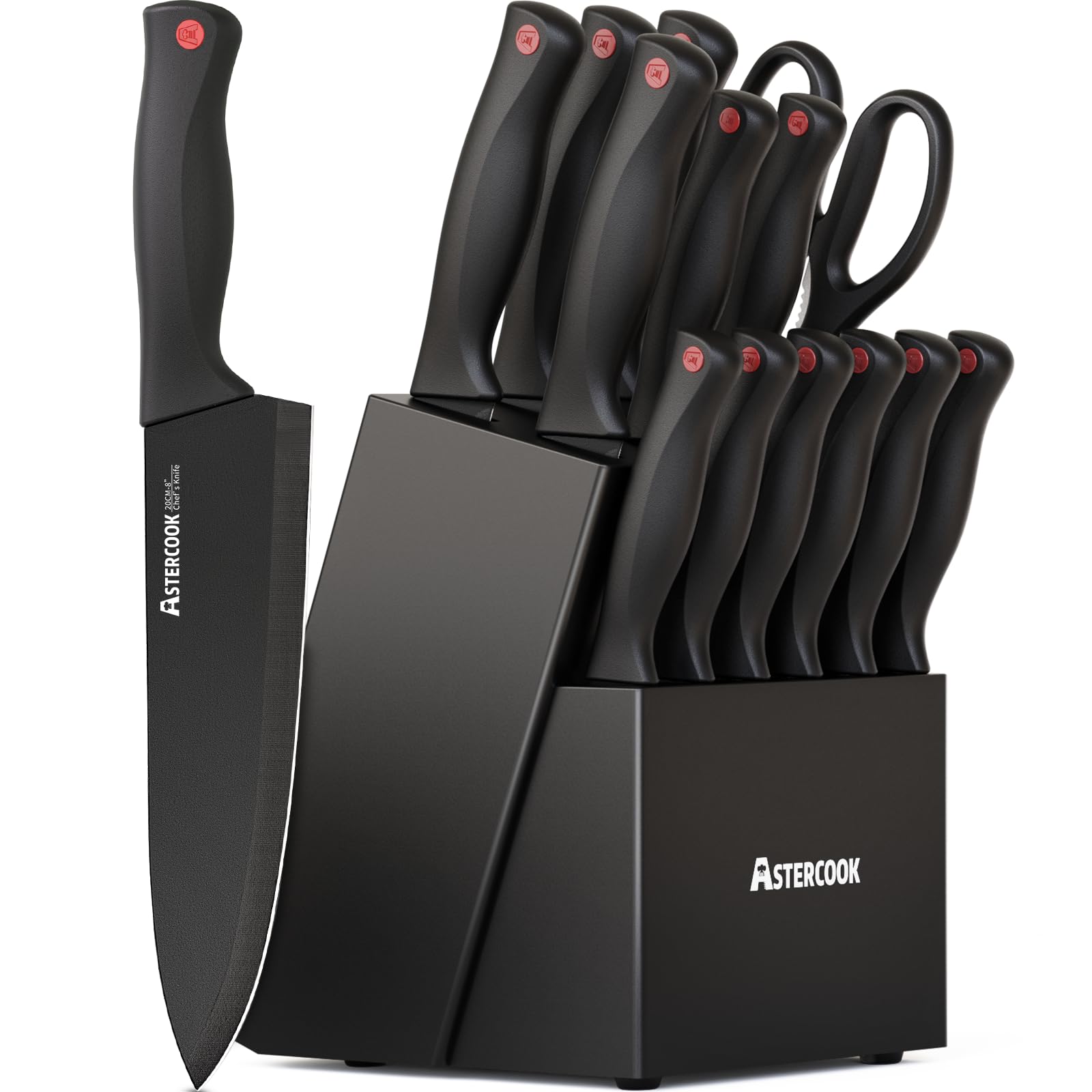 15-Piece Kitchen Knife Set with Block & Built-in Sharpener, German Stainless Steel, Dishwasher Safe
