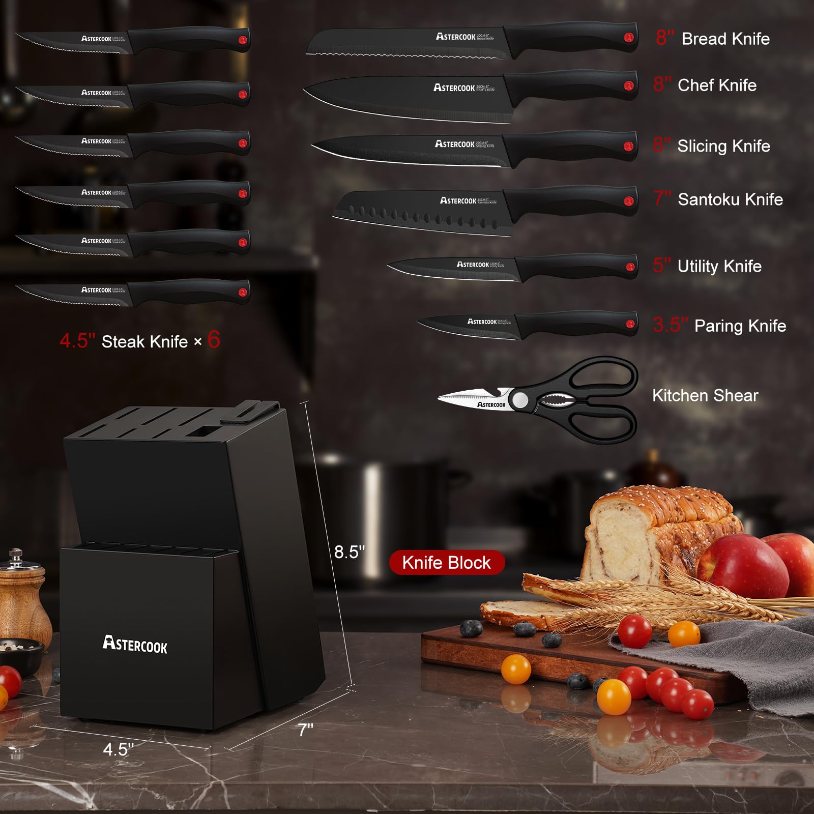 15-Piece Kitchen Knife Set with Block & Built-in Sharpener, German Stainless Steel, Dishwasher Safe