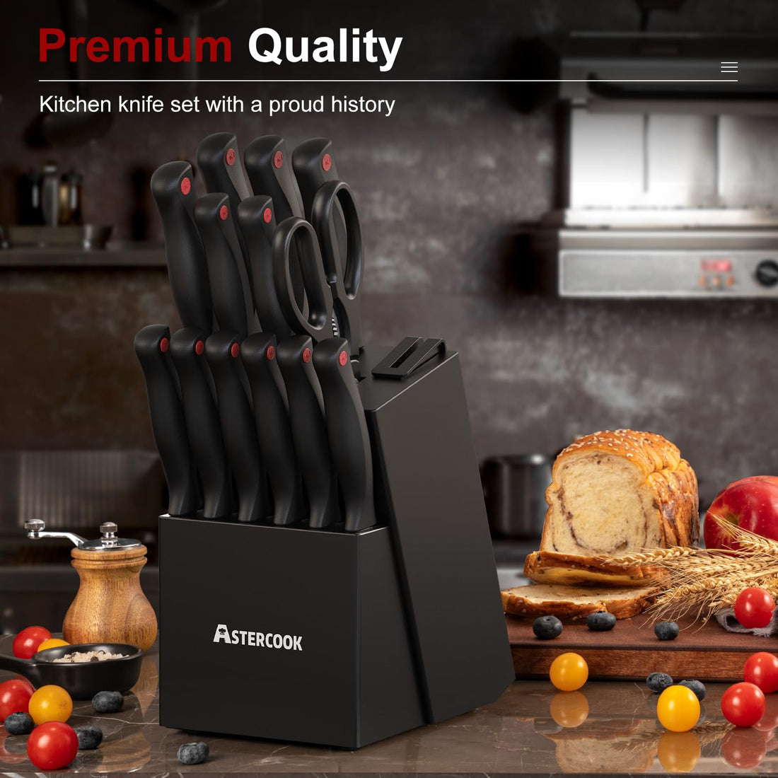 15-Piece Kitchen Knife Set with Block & Built-in Sharpener, German Stainless Steel, Dishwasher Safe