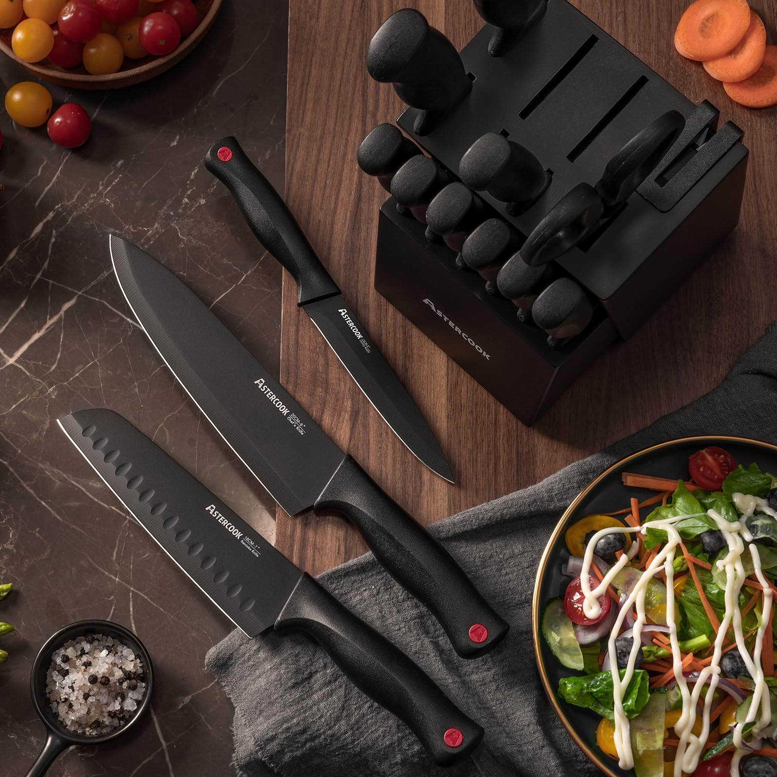 15-Piece Kitchen Knife Set with Block & Built-in Sharpener, German Stainless Steel, Dishwasher Safe