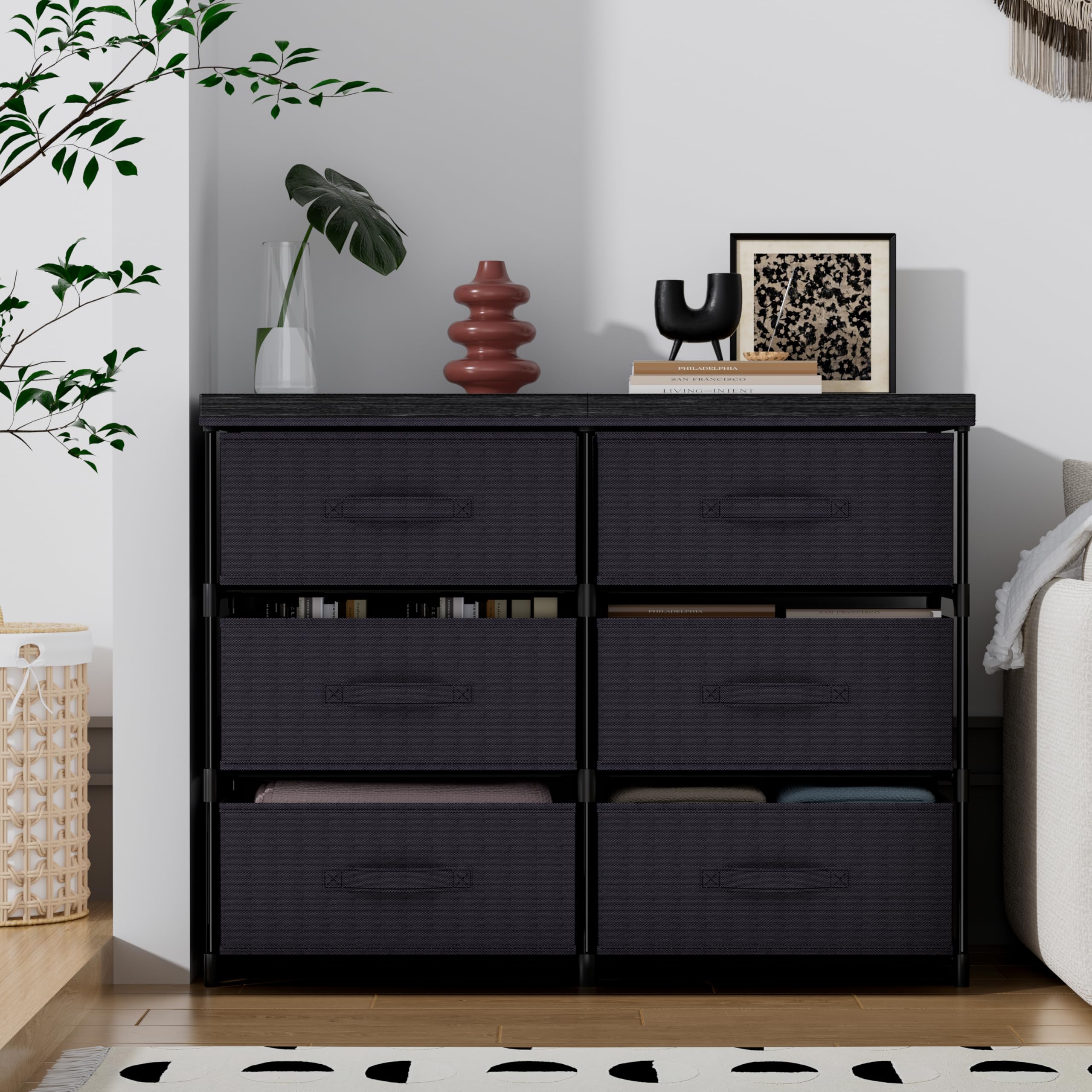 6-Drawer Fabric Cube Storage Dresser, Metal Plastic Support for Bedroom Dorm
