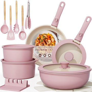 21Pcs Nonstick Ceramic Cookware Set, Detachable Handle, Induction & Oven Safe