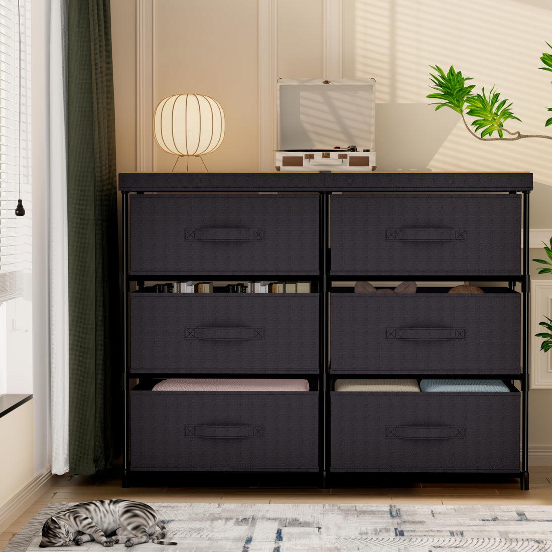 6-Drawer Fabric Cube Storage Dresser, Metal Plastic Support for Bedroom Dorm