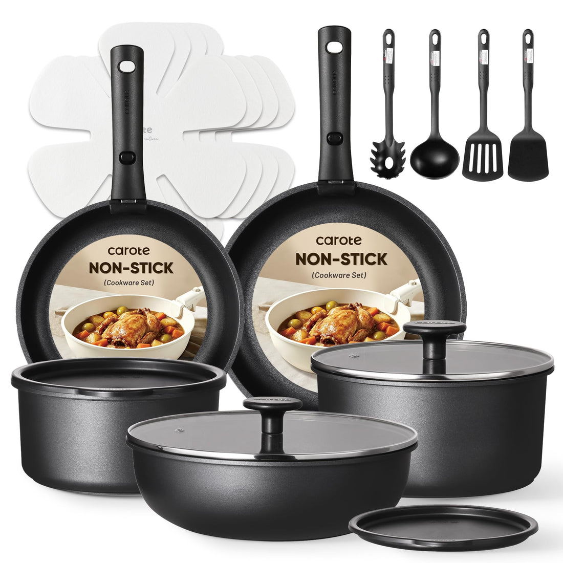 19pcs Nonstick Pots & Pans Set, Removable Handles, Induction Cookware Oven Safe for Kitchen RV