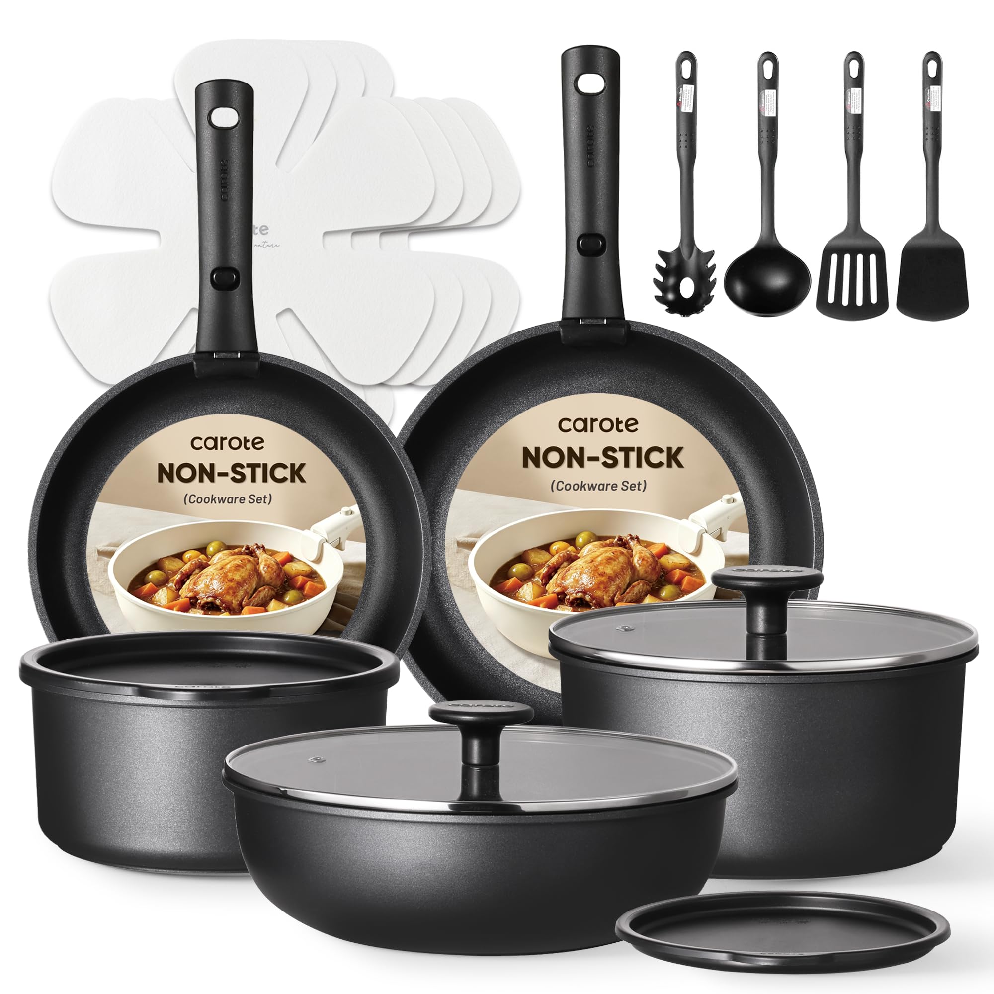 19pcs Nonstick Pots & Pans Set, Removable Handles, Induction Cookware Oven Safe for Kitchen RV