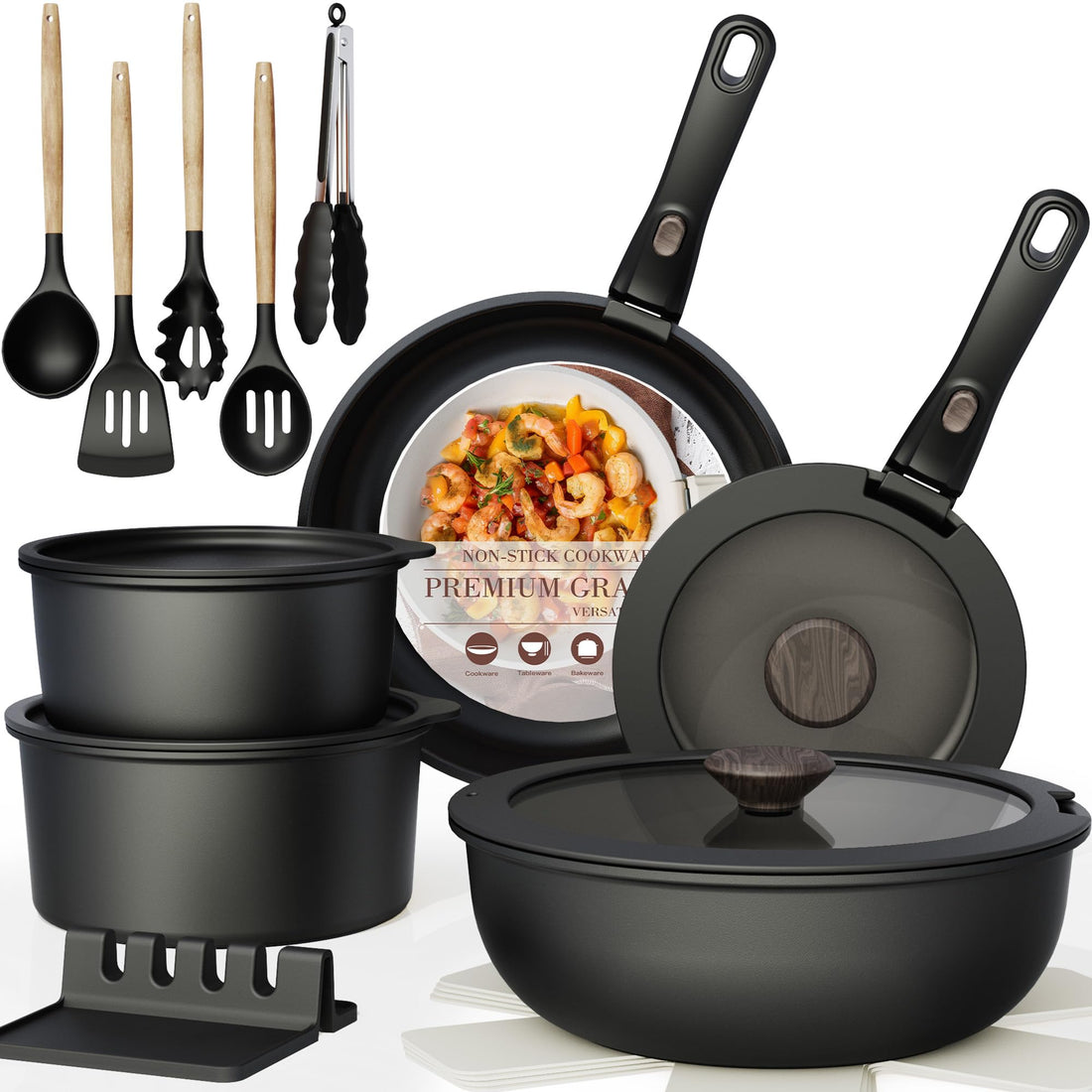 21Pcs Nonstick Ceramic Cookware Set, Detachable Handle, Induction & Oven Safe