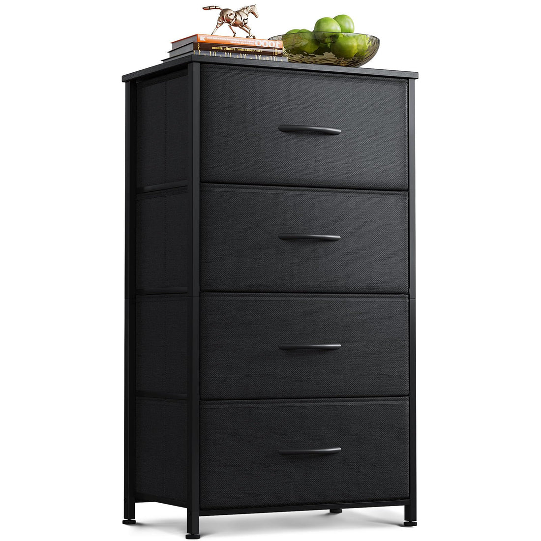 4-Drawer Steel Frame Fabric Chest, Black Small Dresser for Bedroom