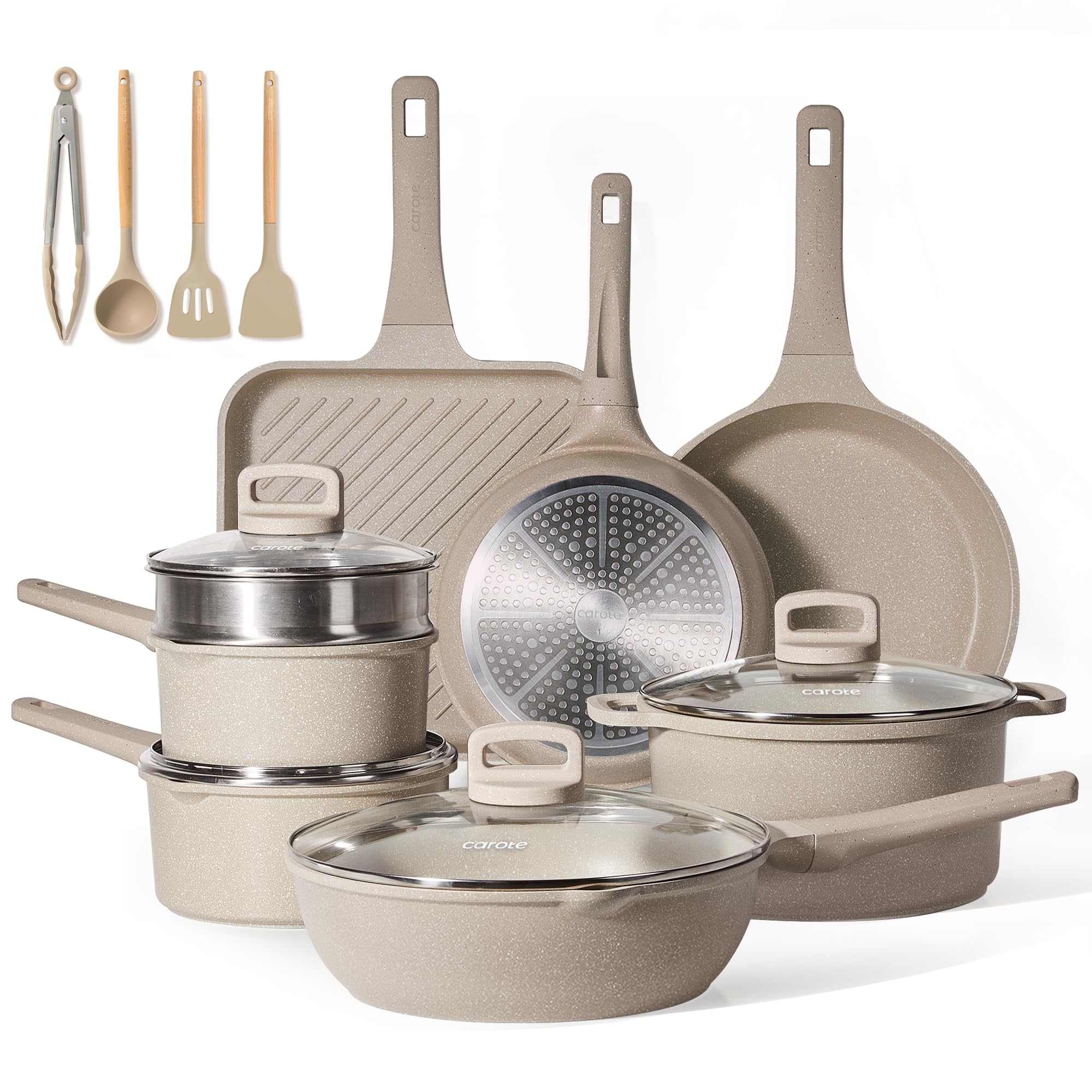 19pcs Nonstick Pots & Pans Set, Removable Handles, Induction Cookware Oven Safe for Kitchen RV