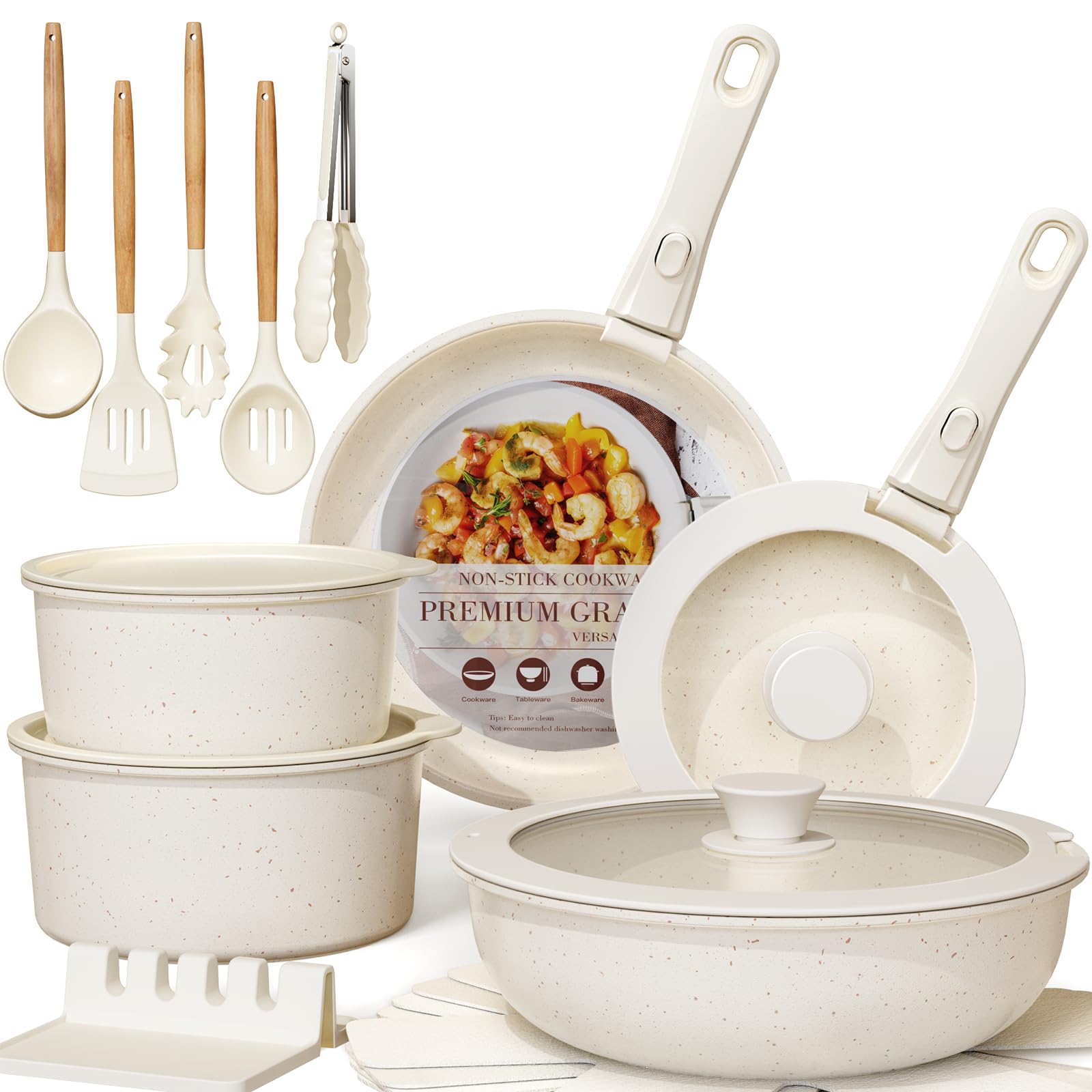 21Pcs Nonstick Ceramic Cookware Set, Detachable Handle, Induction & Oven Safe