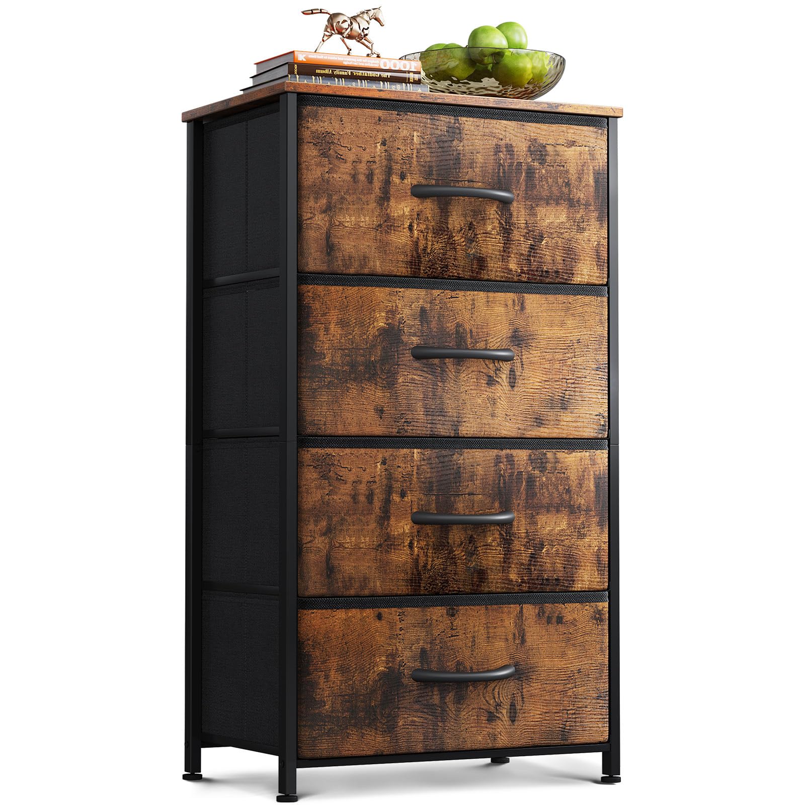 4-Drawer Steel Frame Fabric Chest, Black Small Dresser for Bedroom