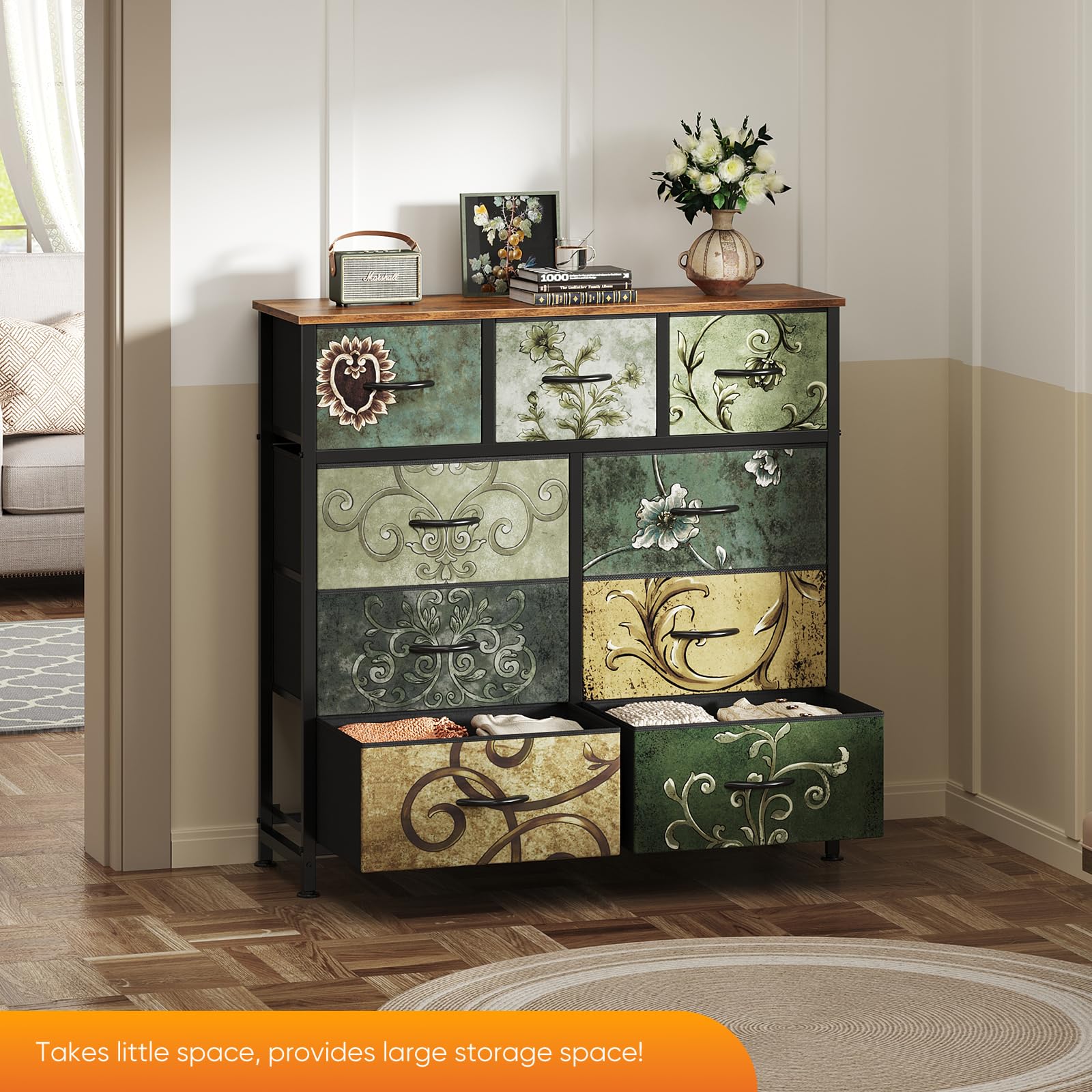 9-Drawer Fabric Dresser, Metal Frame & Wood Top, Storage Organizer for Bedroom
