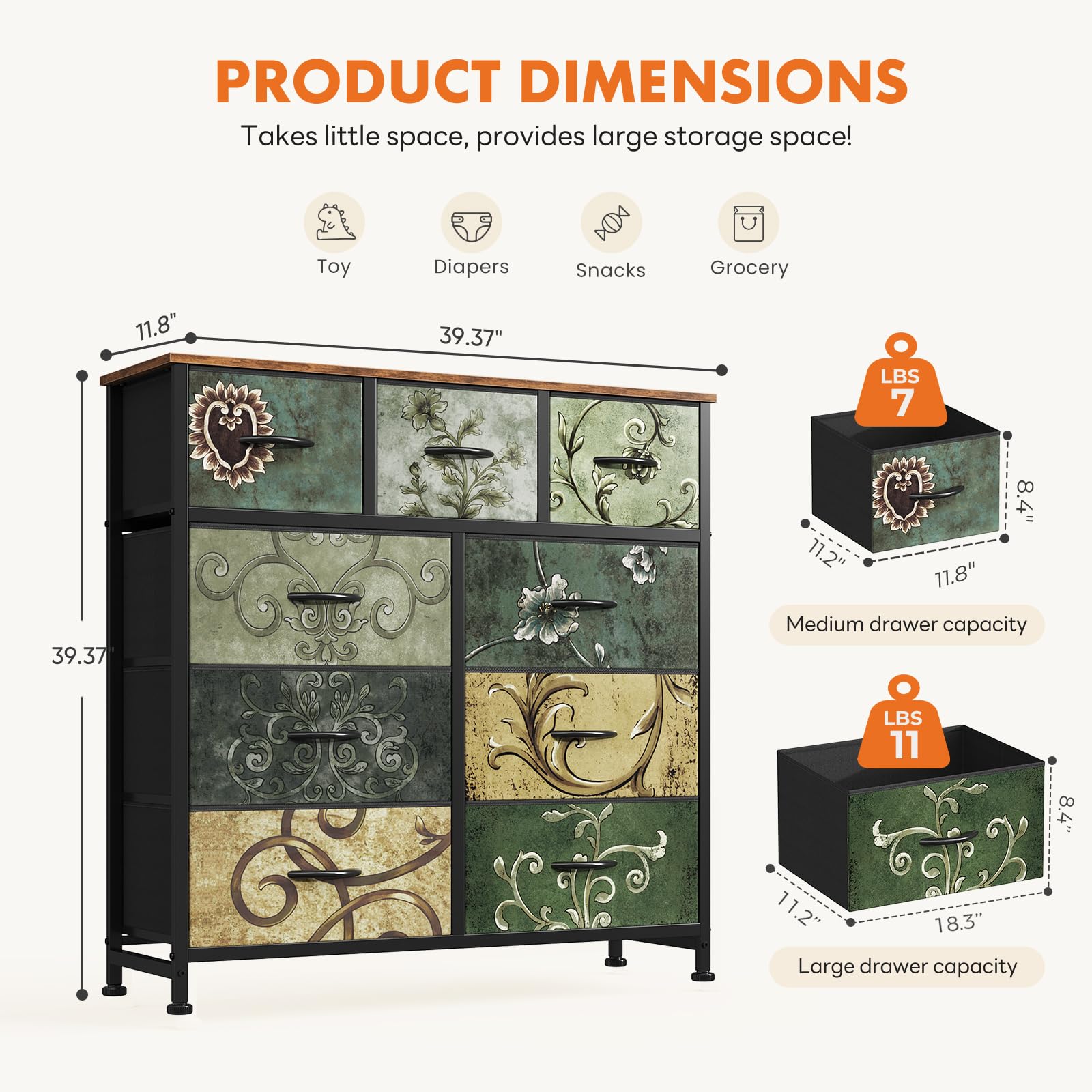 9-Drawer Fabric Dresser, Metal Frame & Wood Top, Storage Organizer for Bedroom