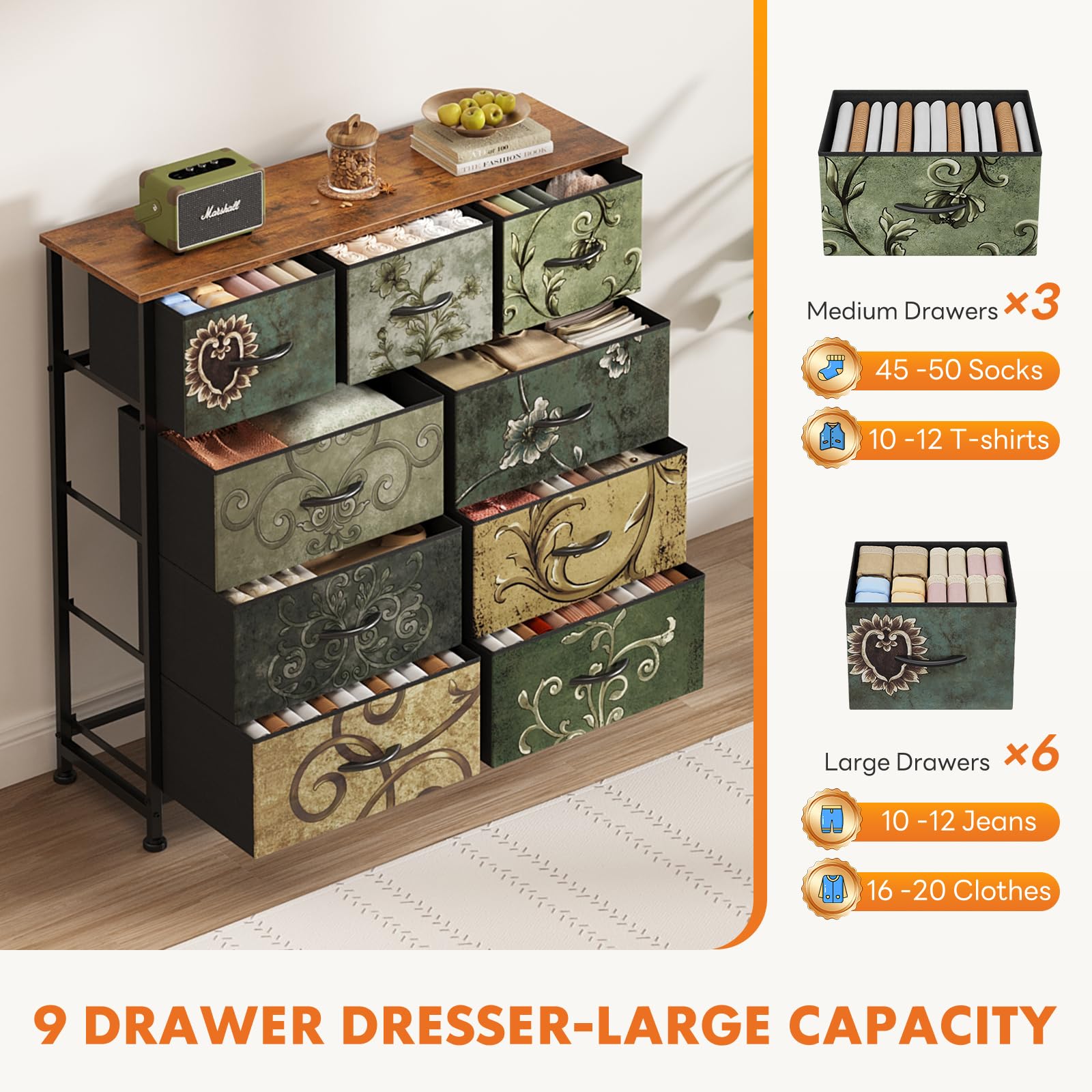 9-Drawer Fabric Dresser, Metal Frame & Wood Top, Storage Organizer for Bedroom