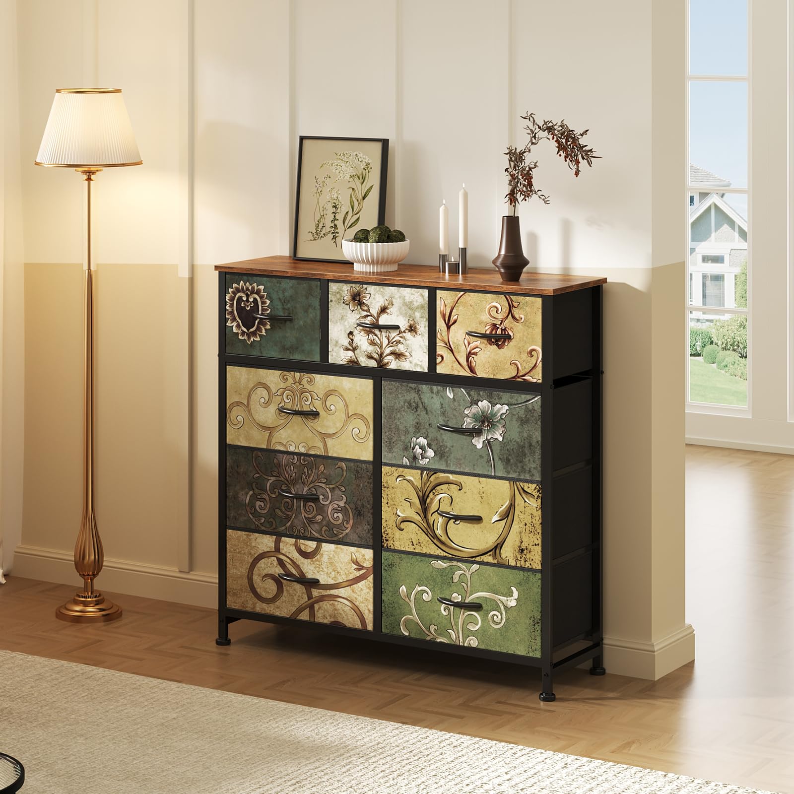9-Drawer Fabric Dresser, Metal Frame & Wood Top, Storage Organizer for Bedroom
